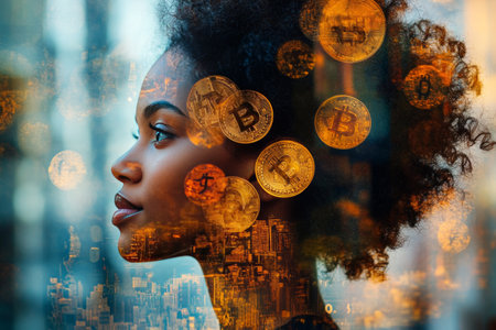 A young woman looks thoughtfully towards the future.の素材