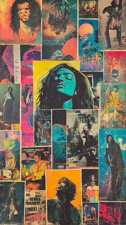A collage of vintage music posters featuring a diverse group of musicians.の素材