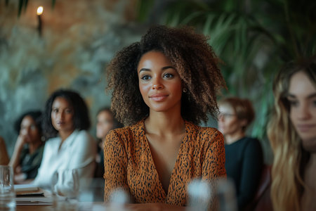 Young woman in a brown patterned dress attends a meeting.の素材