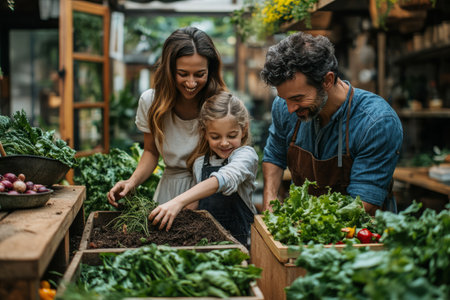 Family selecting fresh produce at the market.の素材
