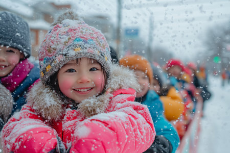 Young girl smiles in winter snowの素材