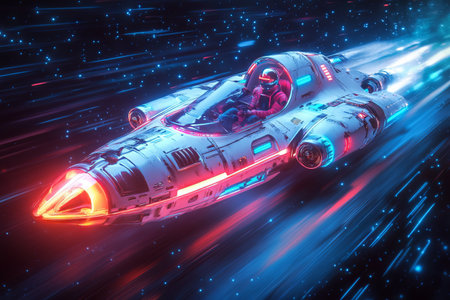 Futuristic spaceship flying through space.の素材