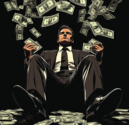 Man in suit surrounded by falling money.の素材