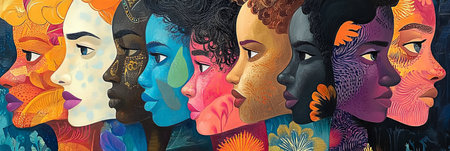 A row of various female faces in a colorful, abstract art piece.の素材