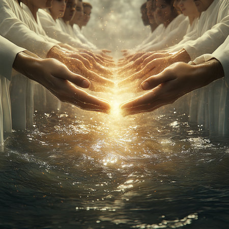 Hands reaching towards a glowing light in waterの素材