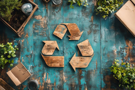 Wooden recycle symbol on a blue wood background.の素材