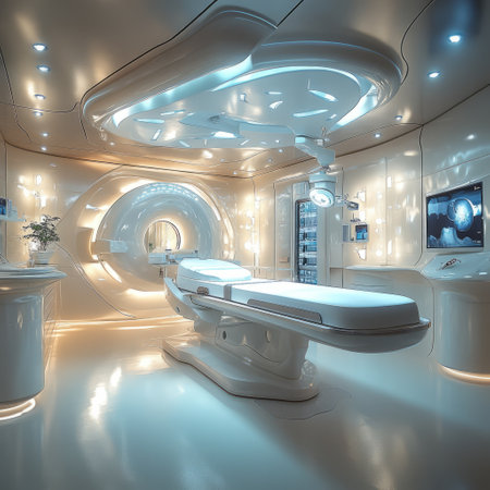 Modern medical exam room with a white table.の素材