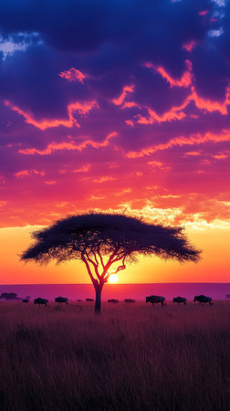 Silhouetted tree at sunset in the savannaの素材