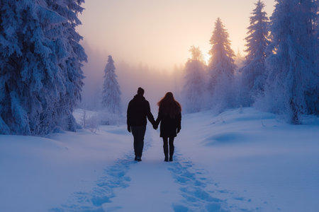 A couple walks hand-in-hand through a snowy forest.の素材