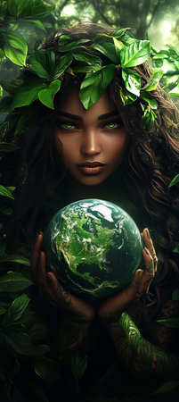 Woman with green eyes holds Earth in natureの素材