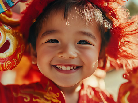 Young boy smiles while wearing a red costume.の素材