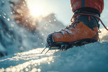 Close-up of an orange hiking boot on a snowy mountainの素材
