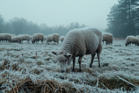 A sheep grazes in a frosty field.の素材
