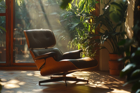 A leather armchair sits in a sunlit room.の素材