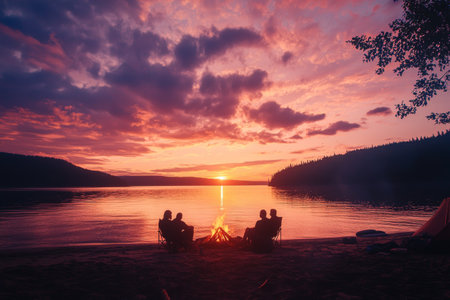 Silhouettes of friends gathered around a campfire as the sun sets over the lake.の素材