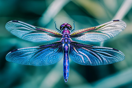 A vibrant dragonfly with blue and purple wings.の素材