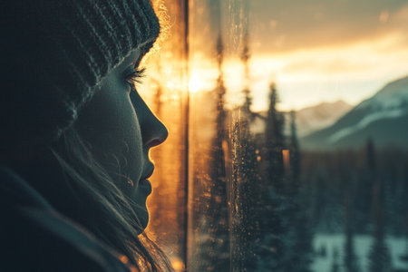 Woman in warm hat gazes out window at golden sunset.の素材