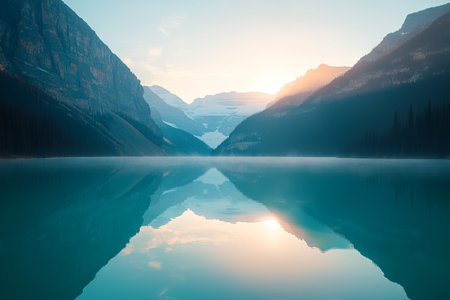 Tranquil mountain lake reflecting sunriseの素材