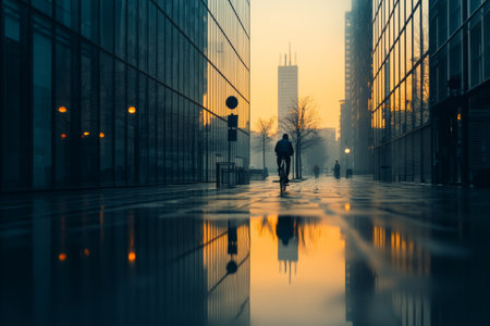 Man biking through a city street with reflections.の素材