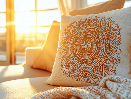 Close up of a decorative throw pillow with a mandala design in a living room.の素材