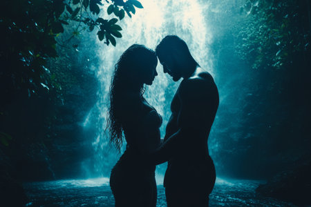 Silhouetted couple in love by a waterfall.の素材