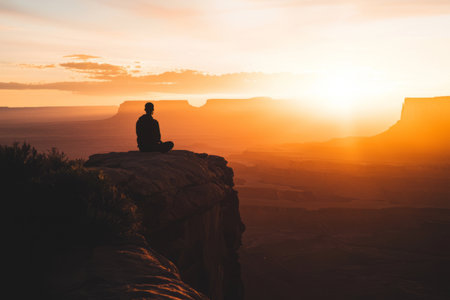 Silhouette of a man meditating at sunset.の素材