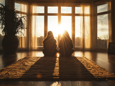 Two women sit by a window watching the sunset.の素材