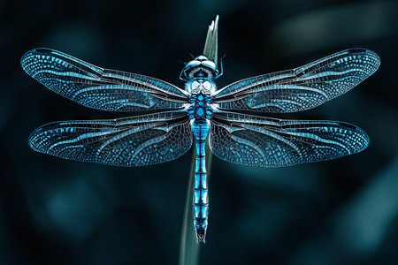 A close-up of a dragonfly with intricate blue wings.の素材