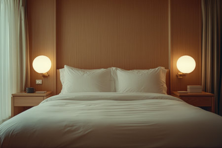 A pristine white bed with fluffy pillows in a modern bedroom.の素材