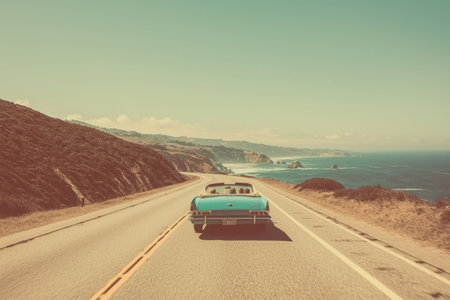A blue convertible drives along a scenic coastal road.の素材