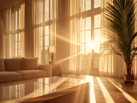 Sunlight streams through sheer curtains in a modern living room.の素材