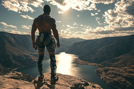 Man in climbing gear admires the viewの素材