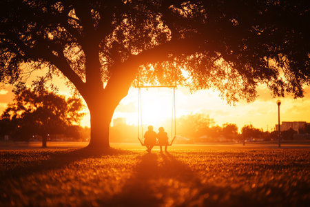 Silhouettes of two people on a swing at sunset.の素材