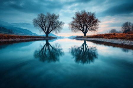 Two bare trees reflected in still water.の素材