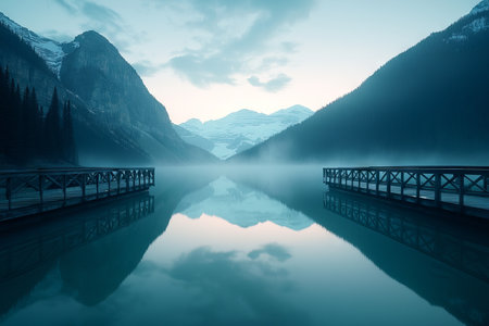 Misty morning on a mountain lake, two wooden docks lead into the water.の素材