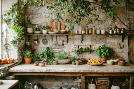 Rustic kitchen with stone walls, fresh herbs, and a wooden counter.の素材