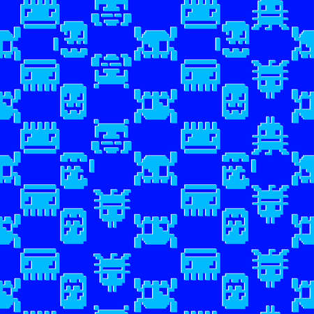 Space Invader graphic seamless pattern on a blue background.のイラスト素材