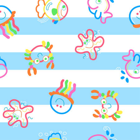 Neon sea life on stripes seamless pattern.のイラスト素材