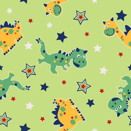 Dragon and stars seamless pattern on a green background.のイラスト素材