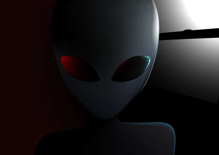 Alien visitor next to window at night .
