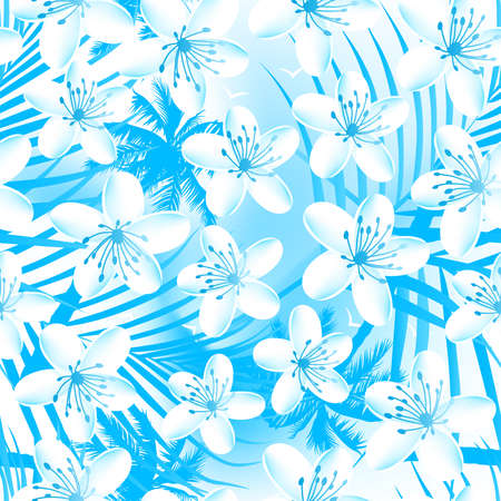 White tropical frangipani with palms seamless pattern .のイラスト素材
