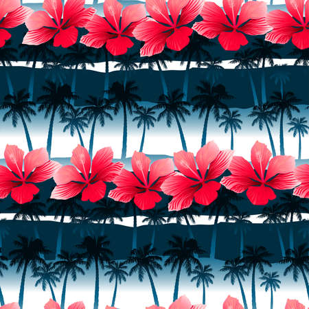 Tropical hibiscus flowers in a seamless pattern with blue palm trees .のイラスト素材