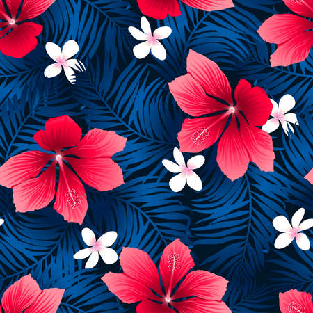 Tropical red hibiscus flowers in a seamless pattern.のイラスト素材