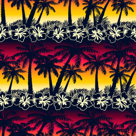 Tropical palm tree at sunset with hibiscus flowers seamless pattern.のイラスト素材