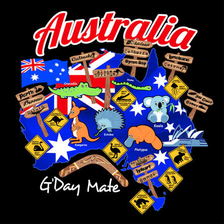 Map of Australia with nation flag and icons.のイラスト素材