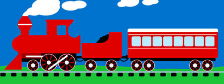 Cute simple red steam train on rail tracks .のイラスト素材