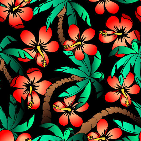 Hand drawn tropical palm and hibiscus seamless pattern.のイラスト素材