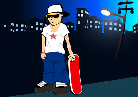 Urban skater with skateboard under street light .のイラスト素材
