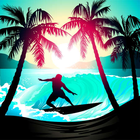 Male surfing at sunrise at a tropical beach .のイラスト素材
