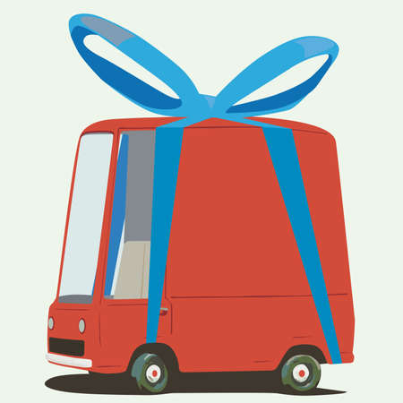 funny cartoon minivan wraped as a gift のイラスト素材
